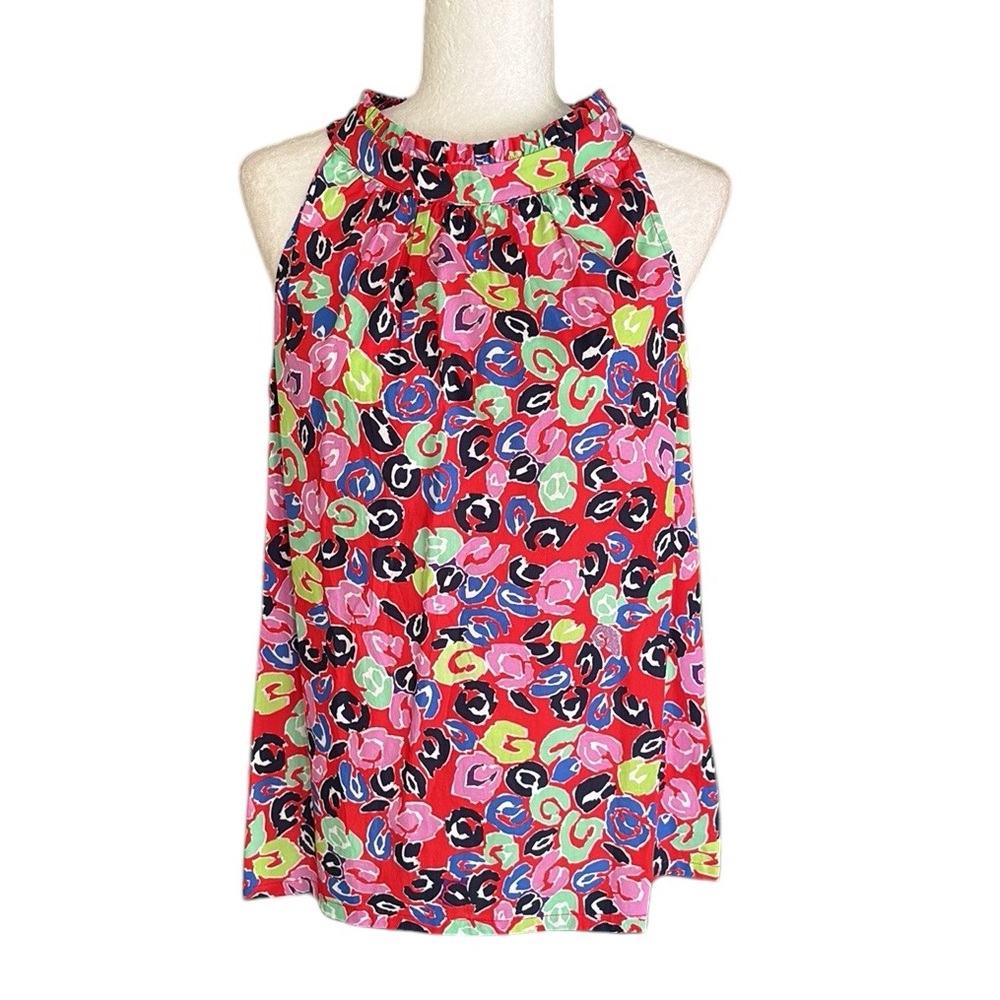 Sara Campbell Red Abstract Print Gold Button Back Ruffle Neck Sleeveless Top - M